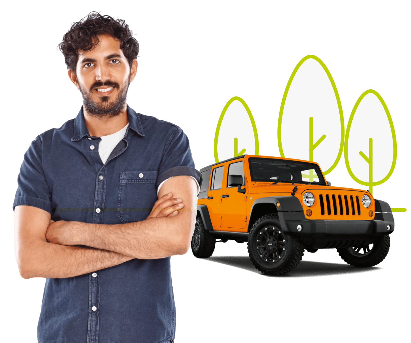 Man in a blue shirt with a blue truck behind